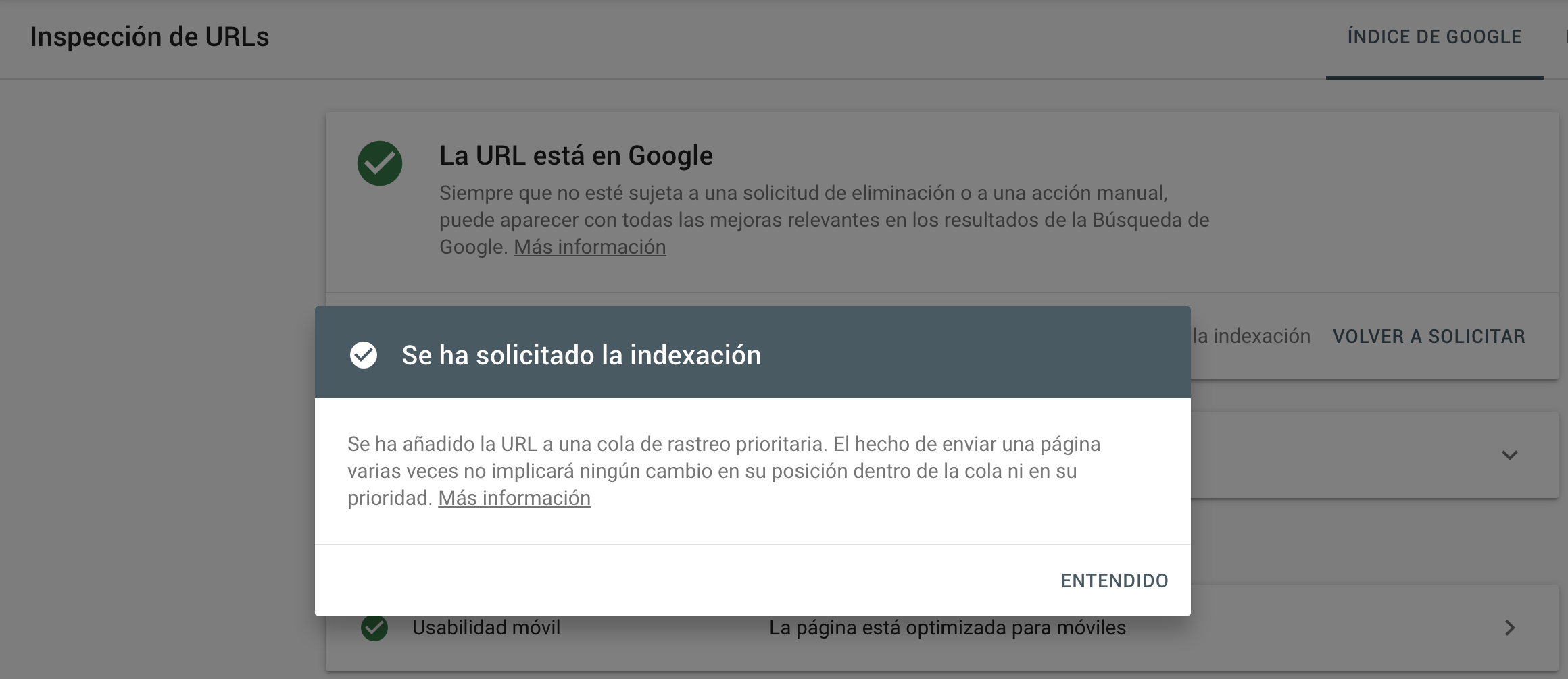 Inspección de URLs - Nueva Google Search Console