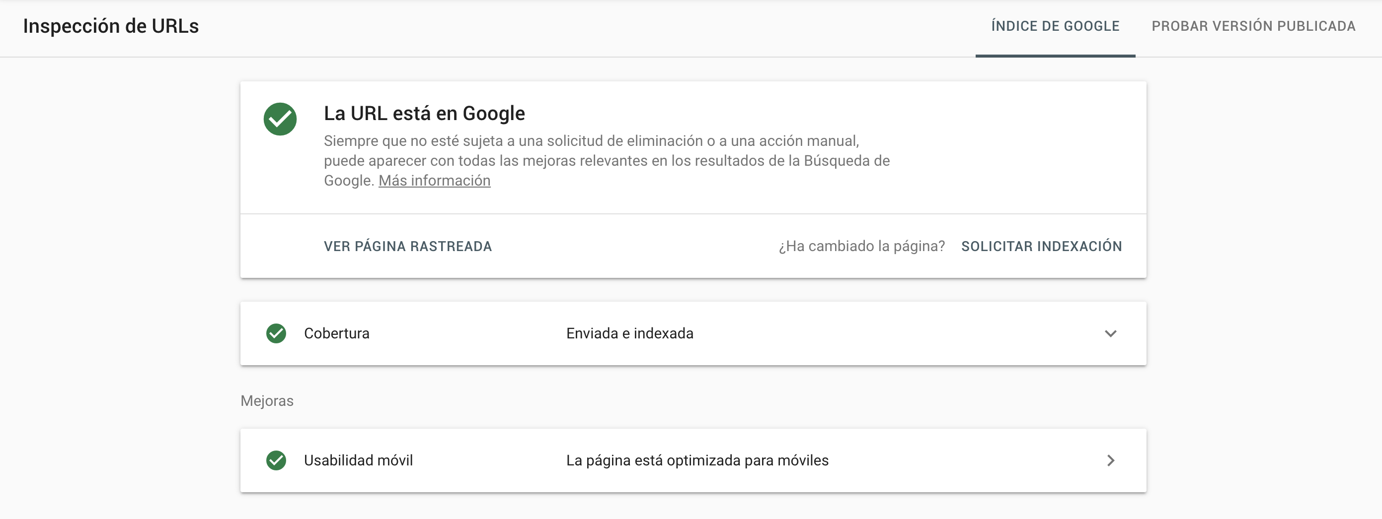 Inspección de URLs - Nueva Google Search Console