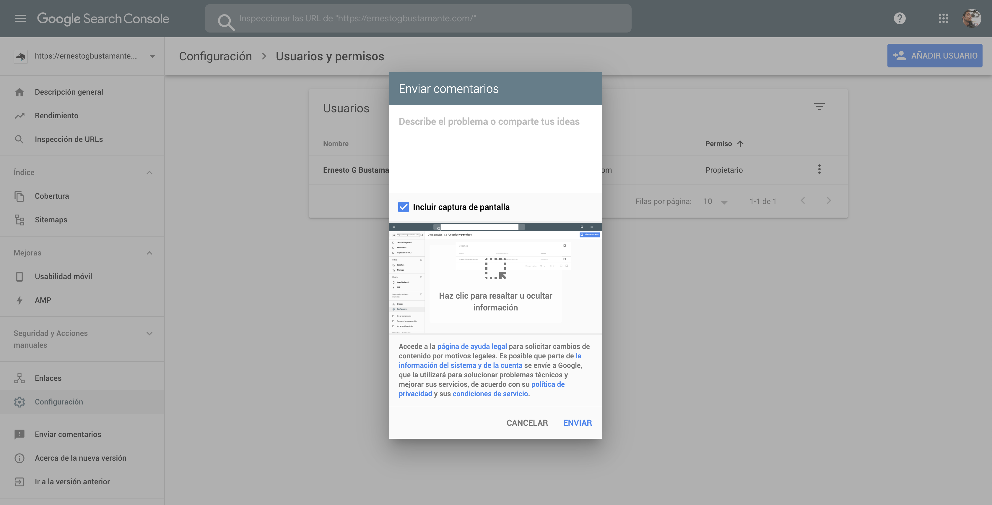 Enviar comentarios - Nueva Google Search Console